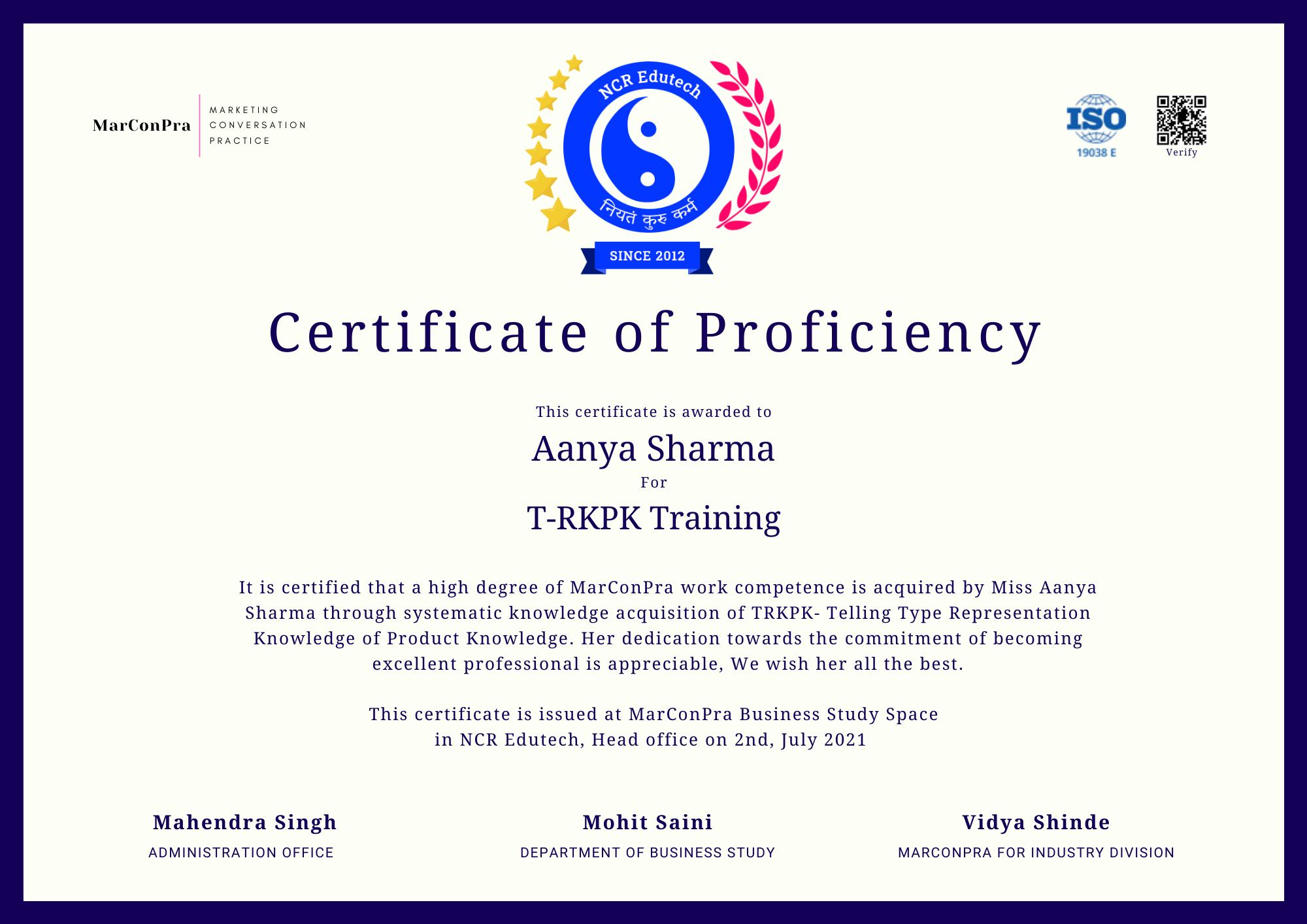 Sample Certificate Copy of  T-RKPK Training - NCR Edutech India